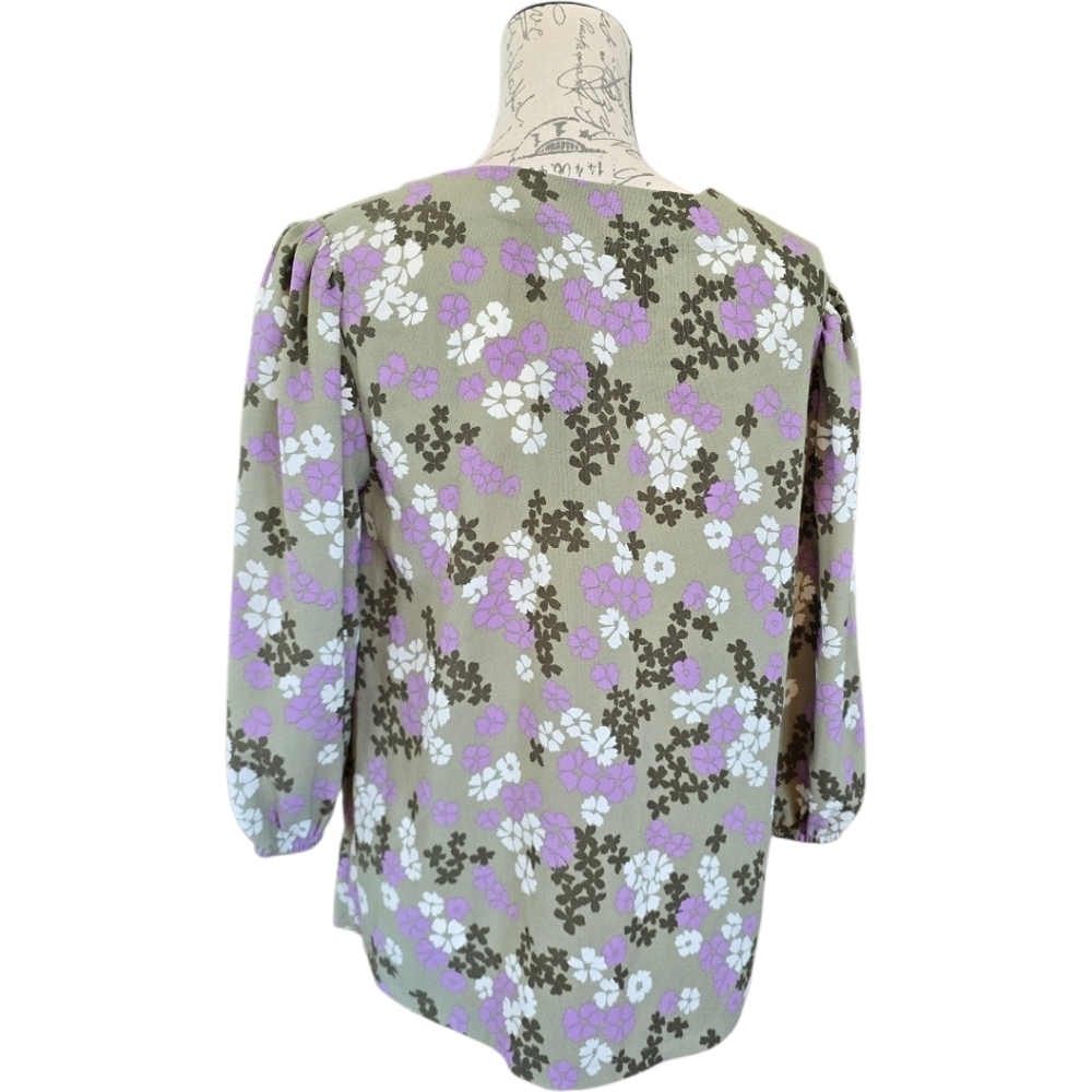 M & S Collectons Floral Lavender Olive Green 3/4 Sleeve Blouse 8 - Picture 3 of 12